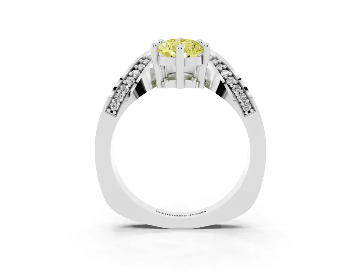 Fancy Yellow Pear Cut Solitaire Diamond Engagement Ring with Pave Band and Four-Prong Setting Silver