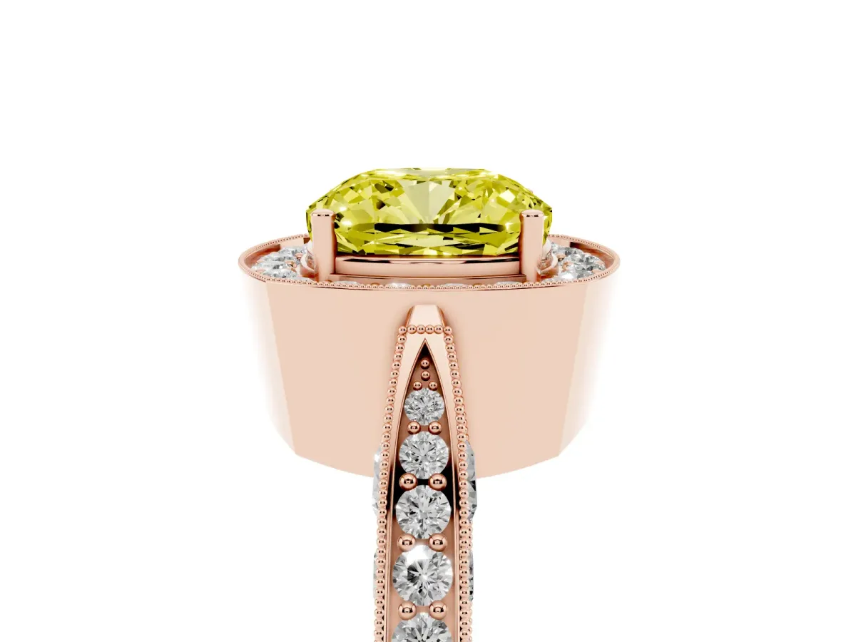 Fancy Yellow Cushion Cut Halo Diamond Engagement Ring with Split Shank Band and Four-Prong Setting Rose gold