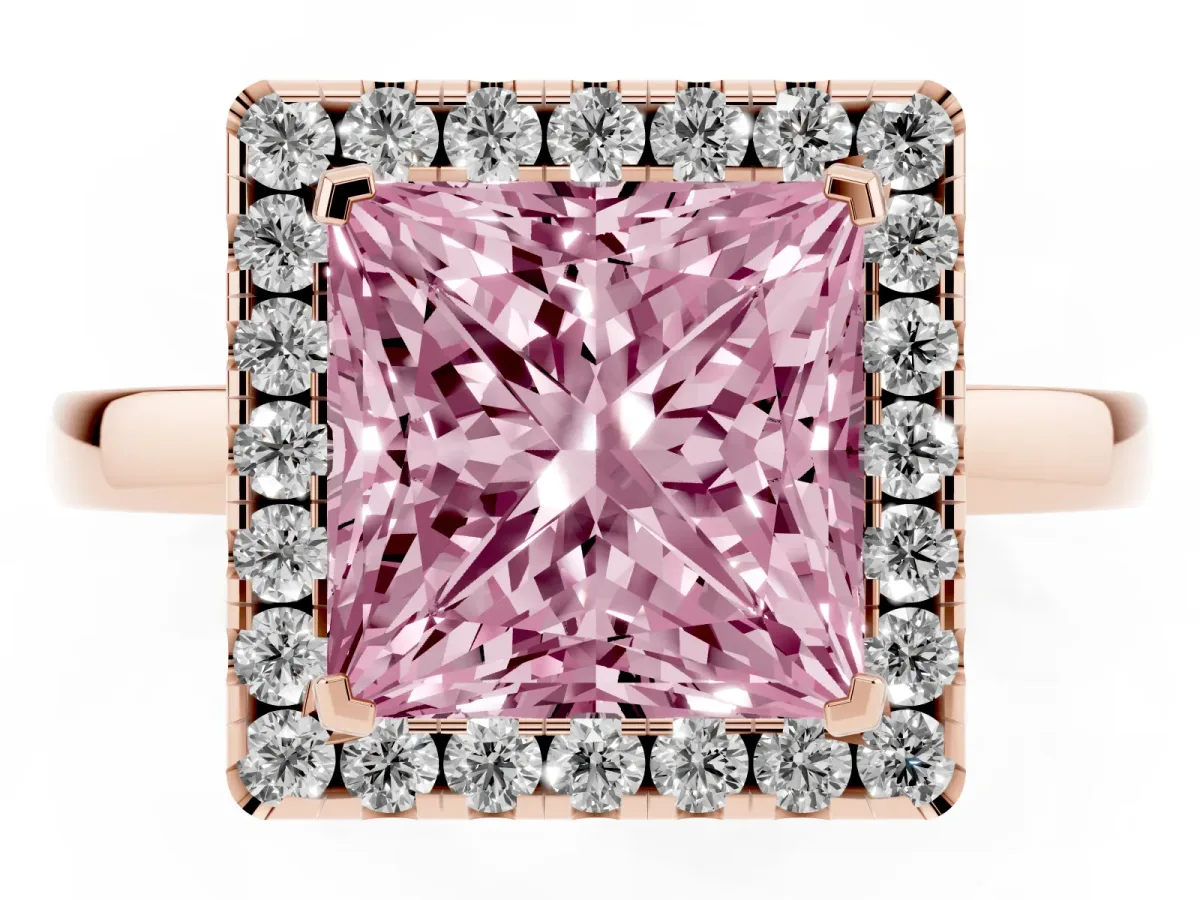 Fancy Pink Princess Cut Halo Diamond Solitaire with Pavé Band and Four-Prong Setting Rose gold