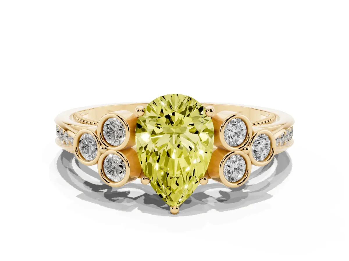 Fancy Yellow Pear Cut Cut Diamond Engagement Ring with Bezel Set Round Side Stones and Prong Setting Yellow gold