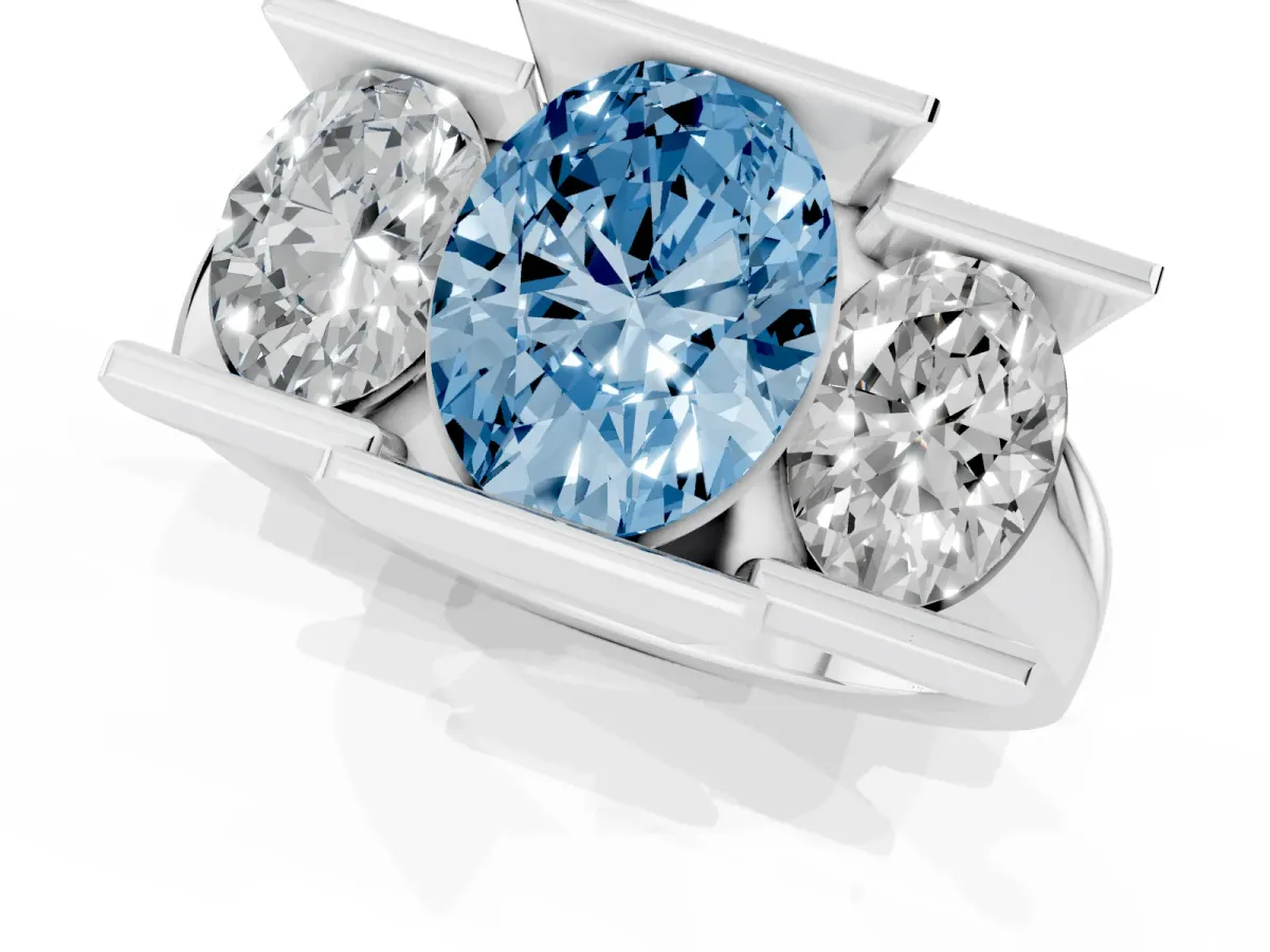 Fancy Blue Three Stone Oval Cut Cut Channel Set Diamond Ring Platinum
