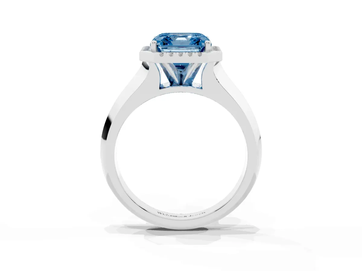 Fancy Blue Asscher Cut Halo Diamond Ring with Cathedral Band and Four-Prong Setting Platinum