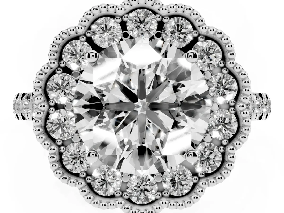 Round Cut Cut Diamond Milgrain Floral Halo Engagement Ring with Pavé Band White gold