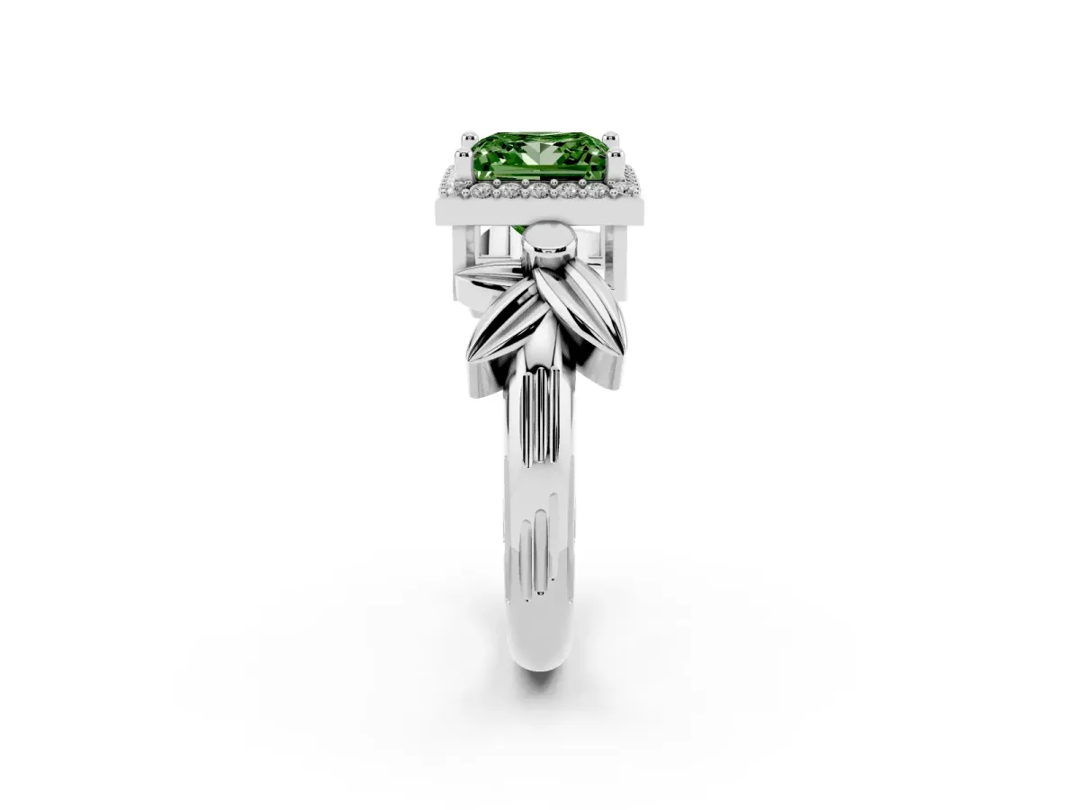 Fancy Green Princess Cut Halo Diamond Floral Band with Four-Prong Setting Silver