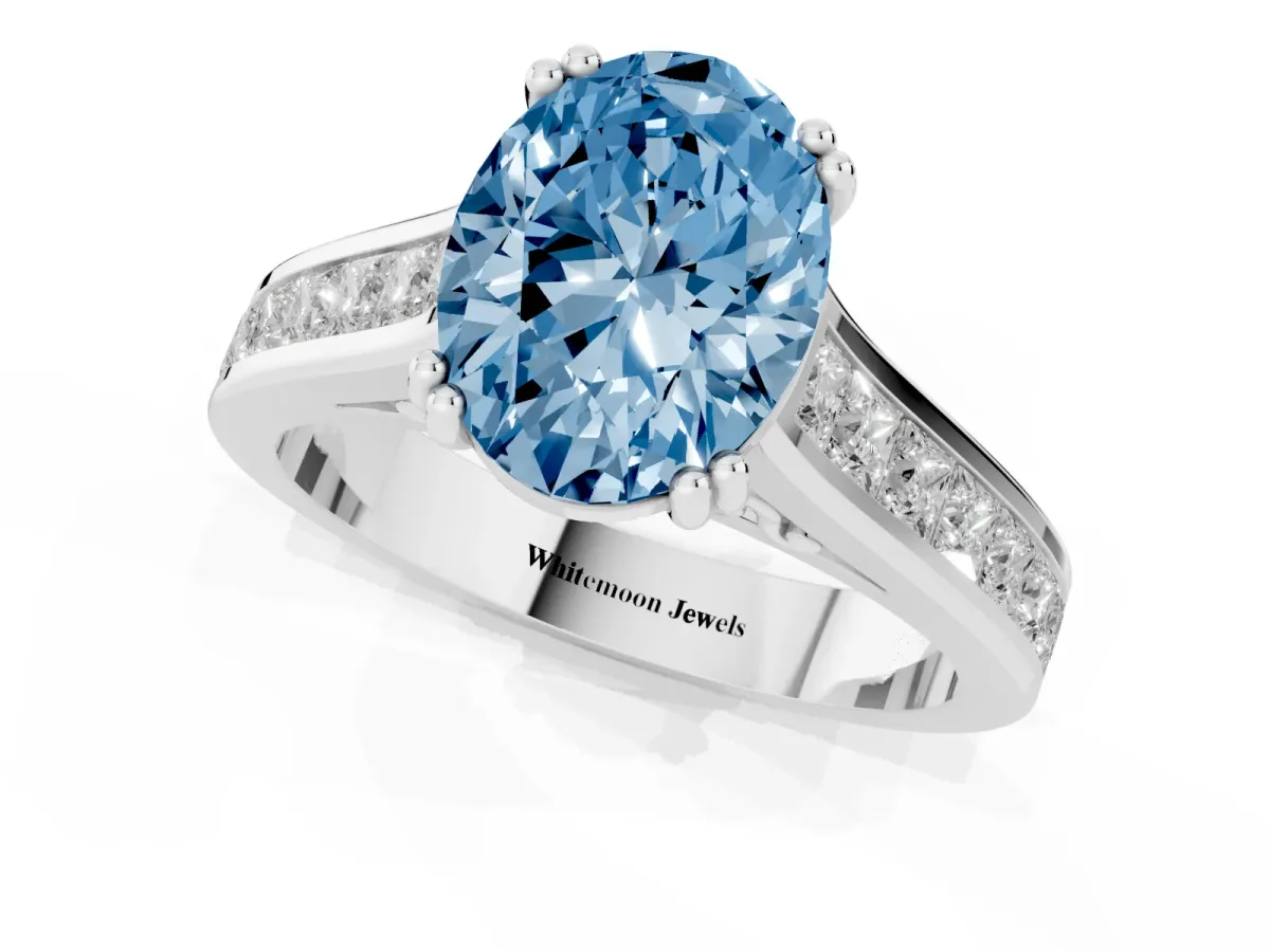 Fancy Blue Oval Cut Cut Channel Set Solitaire Engagement Ring with Prong Setting Silver