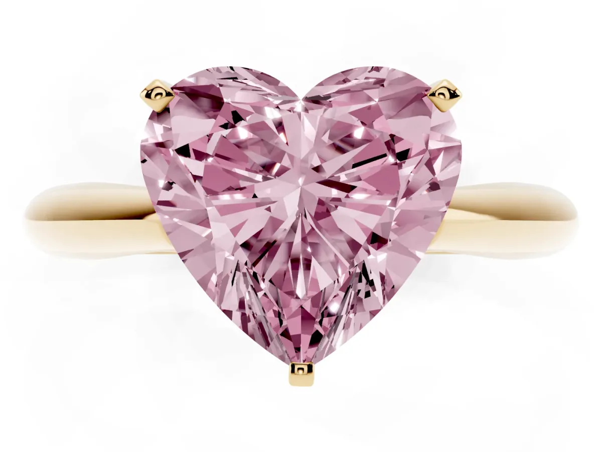 Fancy Pink Heart Cut Diamond Solitaire Engagement Ring with Cathedral Setting and Four-Prong Mount Yellow gold