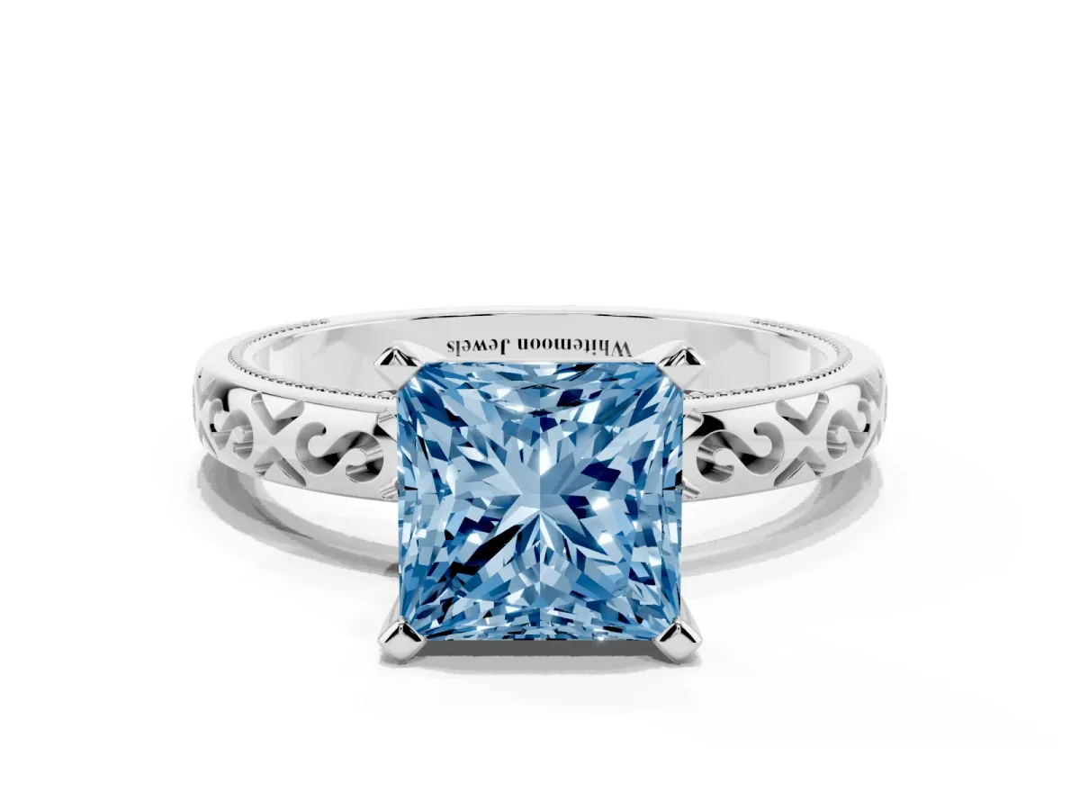 Fancy Blue Princess Cut Solitaire Engagement Ring with Scrollwork Band and Four-Prong Setting Silver