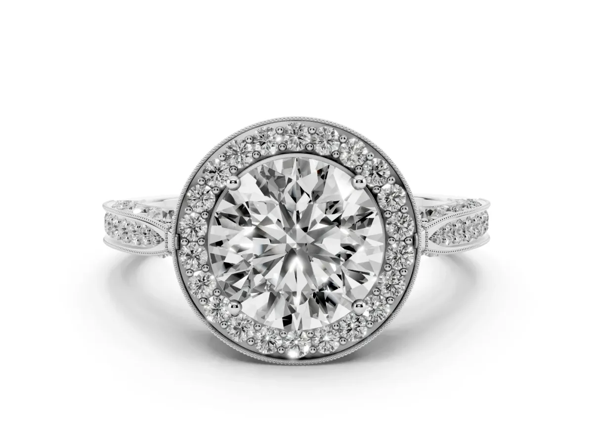 Round Cut Halo Diamond Engagement Ring with Split Shank Band and Four-Prong Setting Silver
