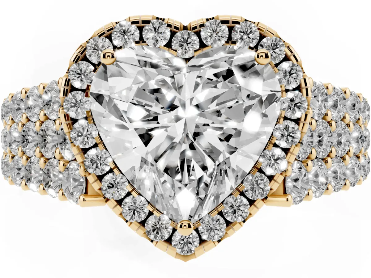 Heart Cut Diamond Halo Engagement Ring with Triple Row Round Pavé Band and Prong Setting Yellow gold