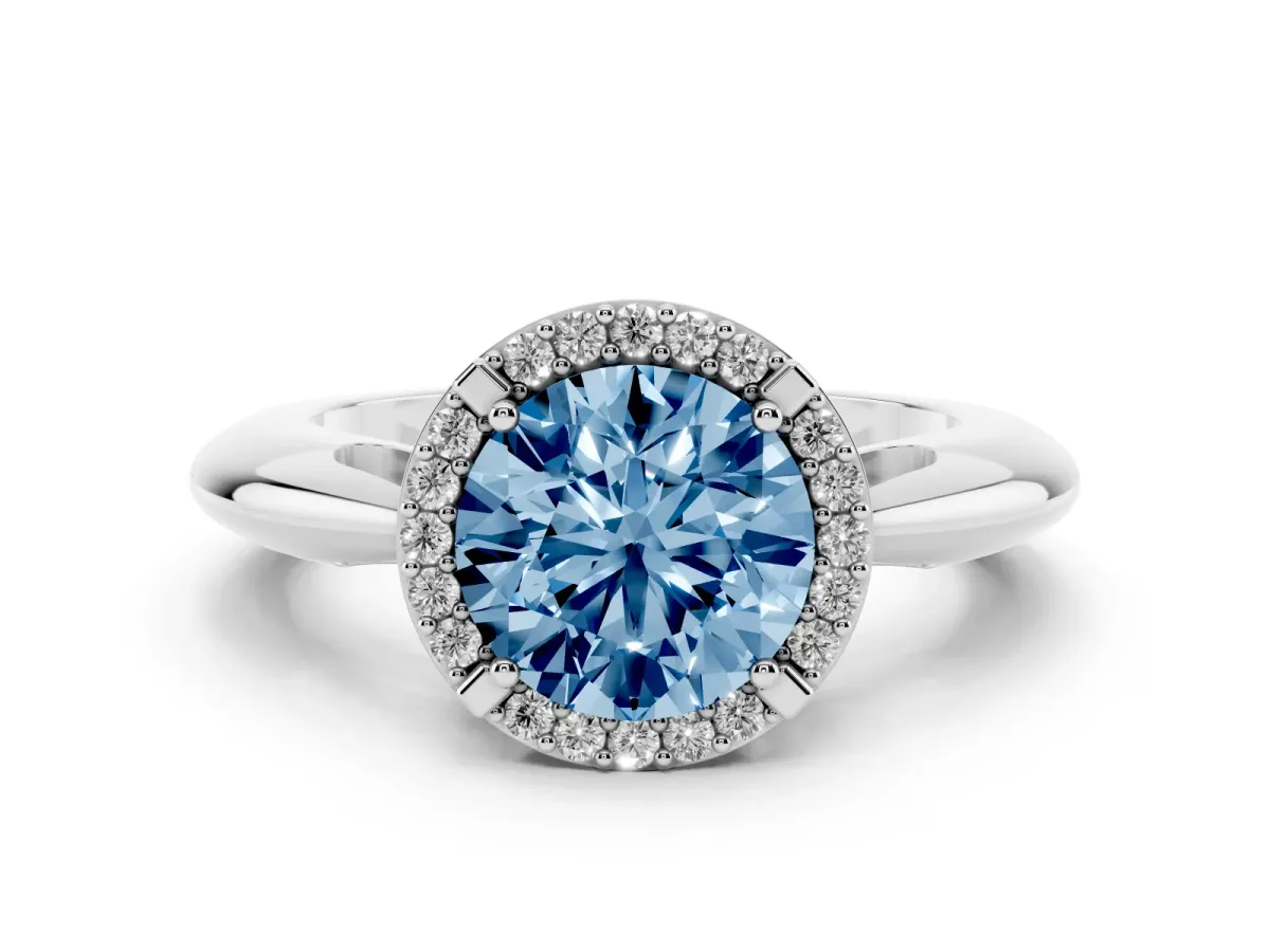 Fancy Blue Round Cut Cut Diamond Halo Engagement Ring with Split Shank and Four-Prong Setting Silver