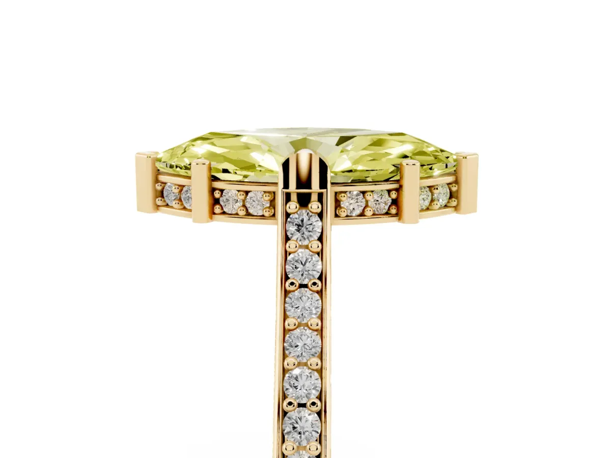 Fancy Yellow Marquise Cut Solitaire Diamond Ring with Channel Set Band and Bezel Prong Setting Yellow gold