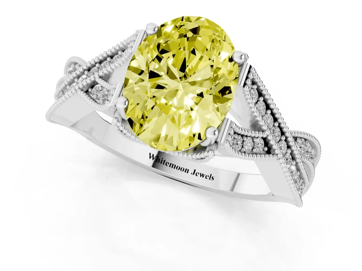 Fancy Yellow Oval Cut Cut Diamond Twisted Band with Milgrain Pave Setting and Four-Prong Setting Silver