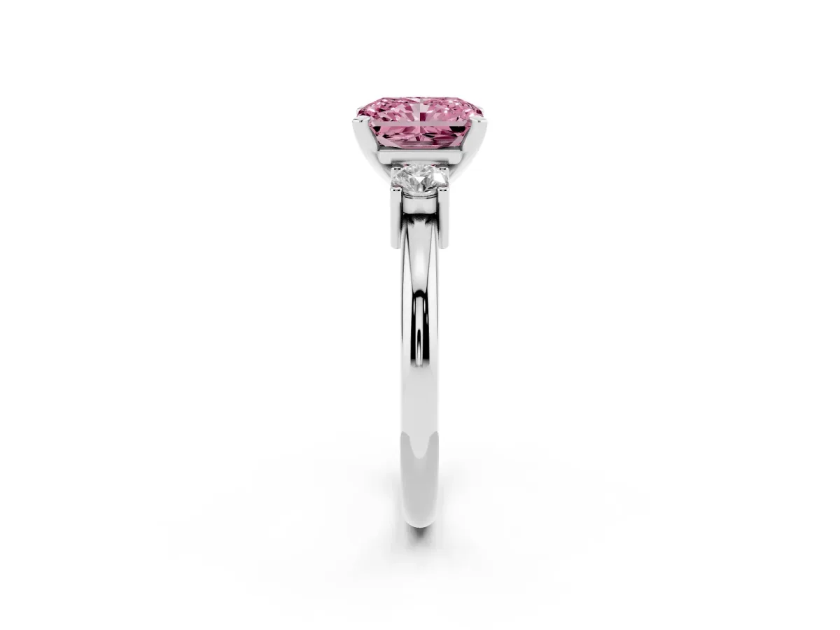 Fancy Pink Three-Stone Radiant Cut Cut Diamond Solitaire with Prong Setting and Classic Band Silver