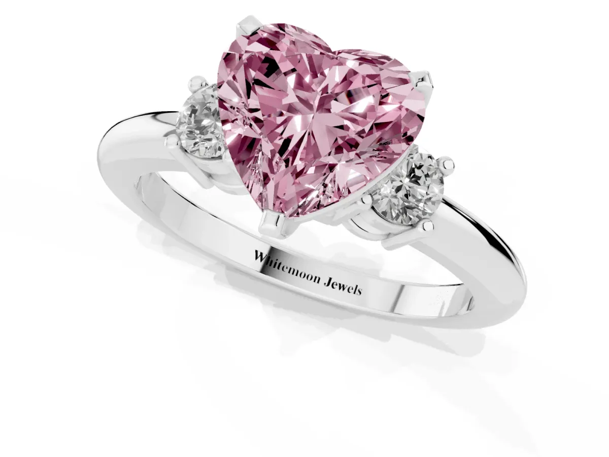 Fancy Pink Three-Stone Heart Cut Cut Diamond Solitaire with Prong Setting and Classic Band Silver
