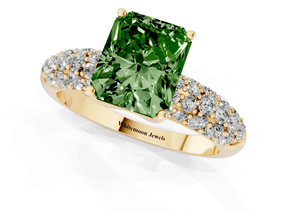 Fancy Green Radiant Cut Diamond Pavé Band Solitaire Ring with Four-Prong Setting Yellow gold