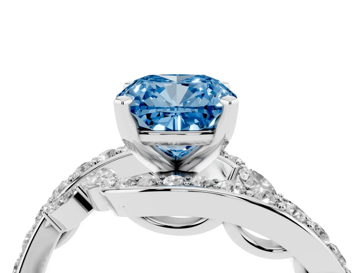 Fancy Blue Cushion Cut Diamond Solitaire Ring with Filigree Band and Four-Prong Setting Silver