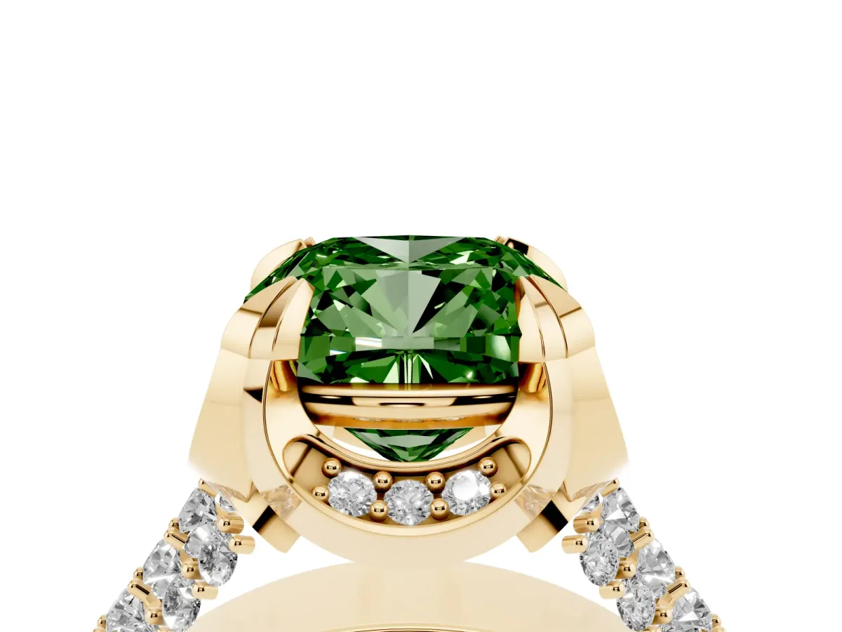 Fancy Green Cushion Cut Solitaire Pave Split Shank Ring with Four-Prong Setting Yellow gold