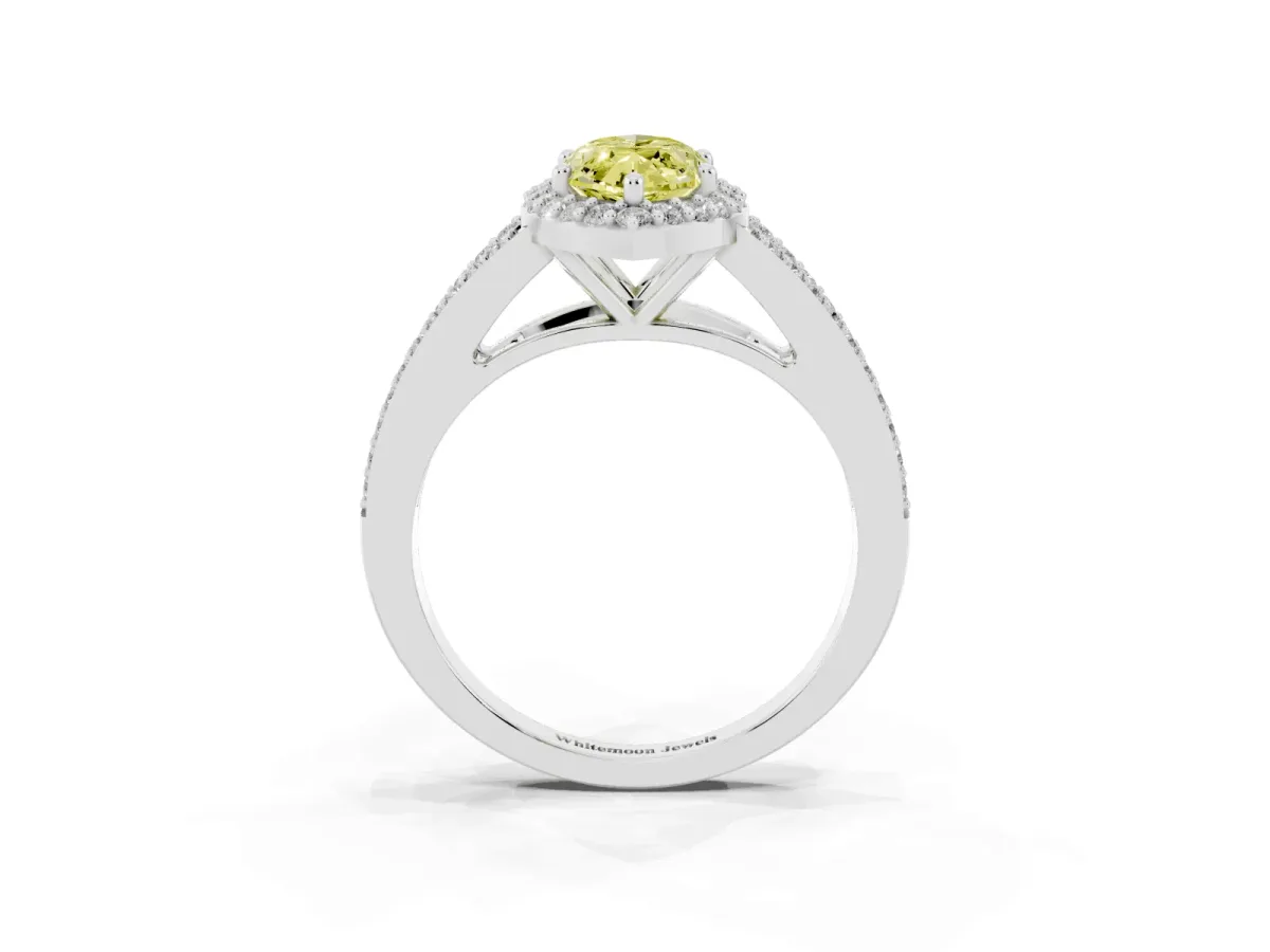 Fancy Yellow Marquise Cut Halo Split Shank Pave Diamond Ring with Four-Prong Setting Silver