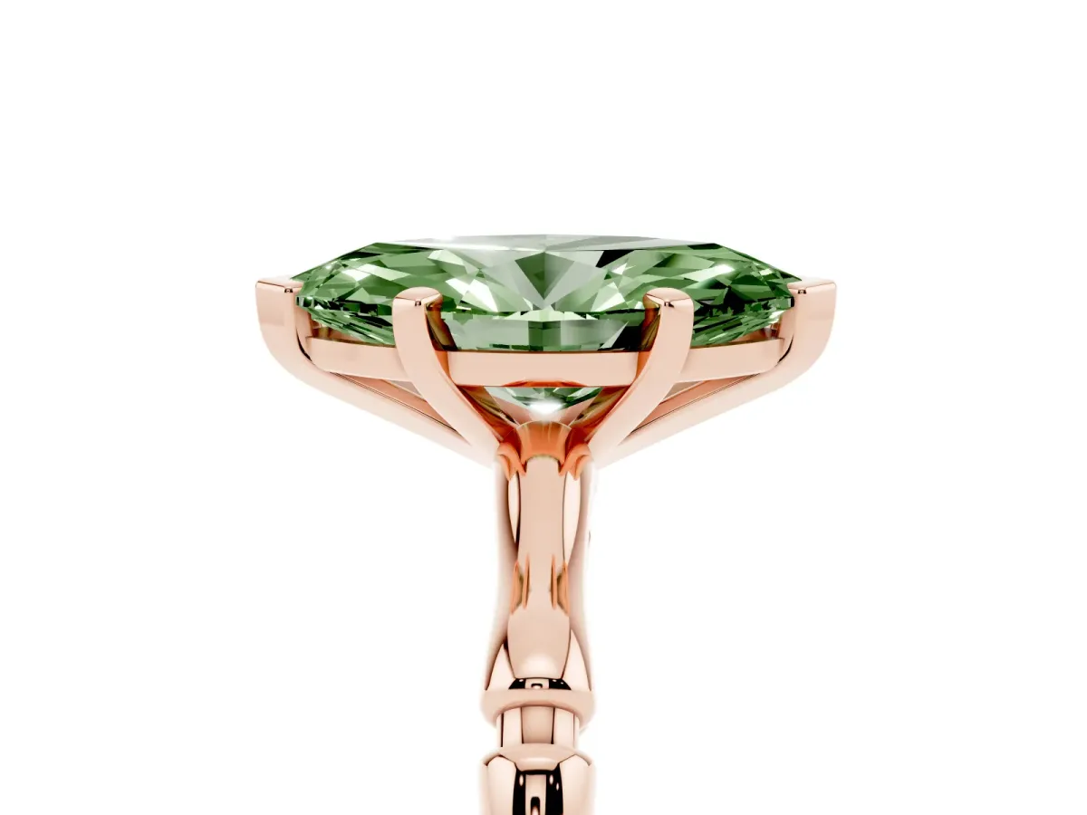 Fancy Green Marquise Cut Solitaire Diamond Ring with Bamboo Band and Four-Prong Setting Rose gold