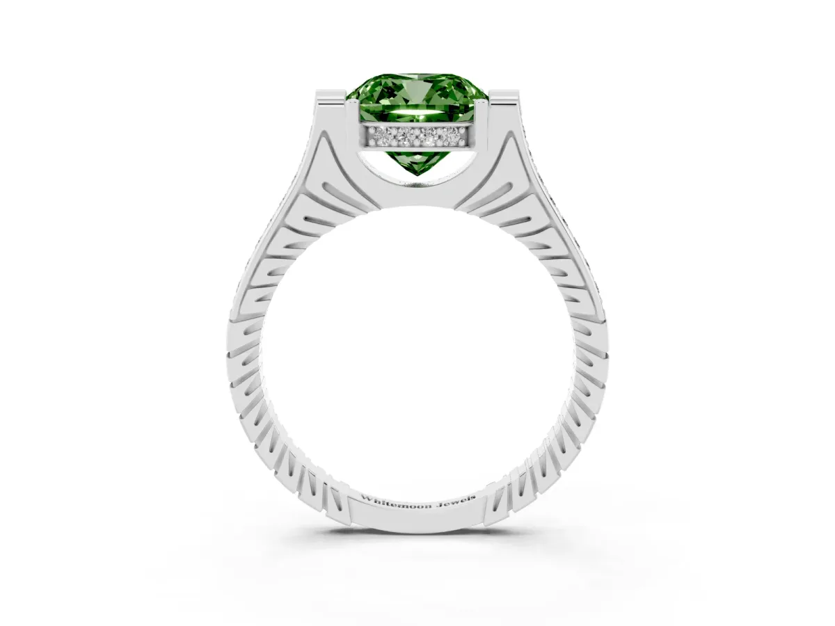 Fancy Green Cushion Cut Solitaire Diamond Ring with Channel Set Band and Bezel Prong Setting Silver