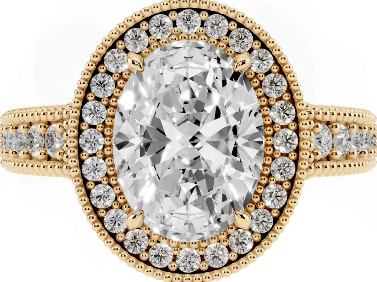 Oval Cut Cut Halo Diamond Ring with Pavé Band and Four-Prong Setting Yellow gold