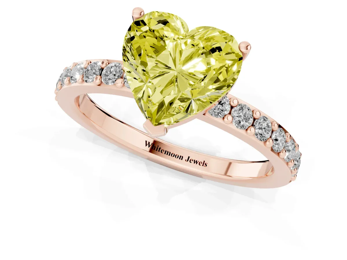 Fancy Yellow Heart Cut Cut Diamond Solitaire with Pave Band and Four-Prong Setting Rose gold