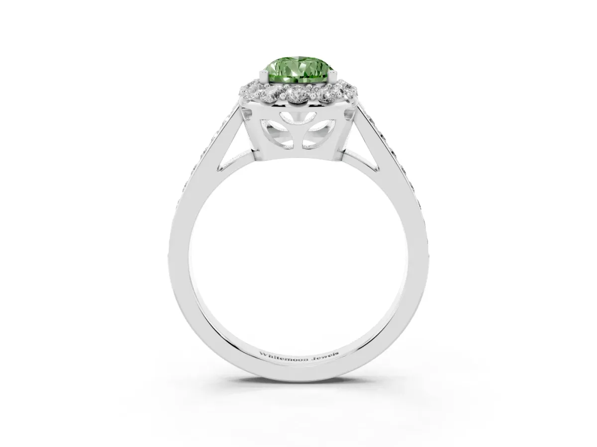 Fancy Green Pear Cut Diamond Floral Halo Ring with Pavé Band and Prong Setting White gold
