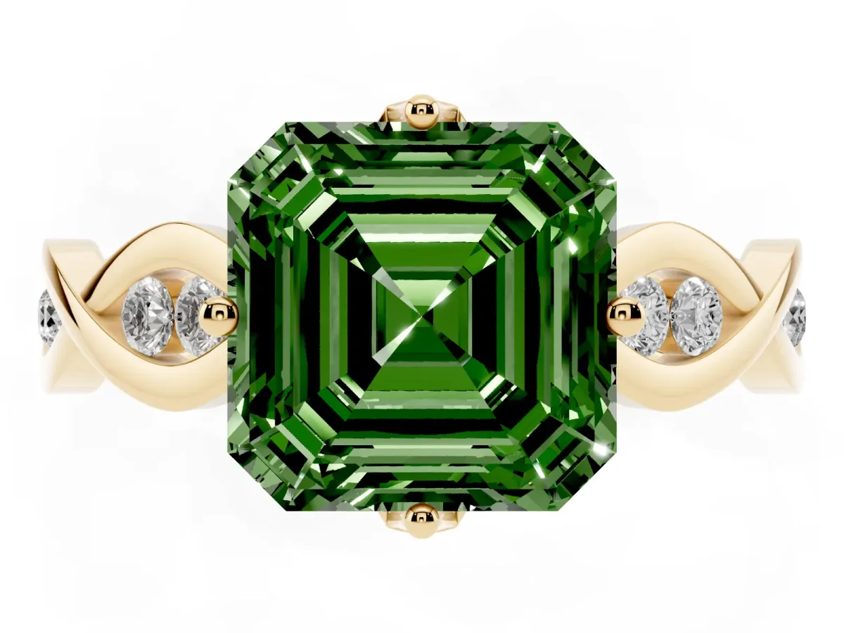 Fancy Green Asscher Cut Solitaire Twist Band with Leaf Prong Setting Yellow gold