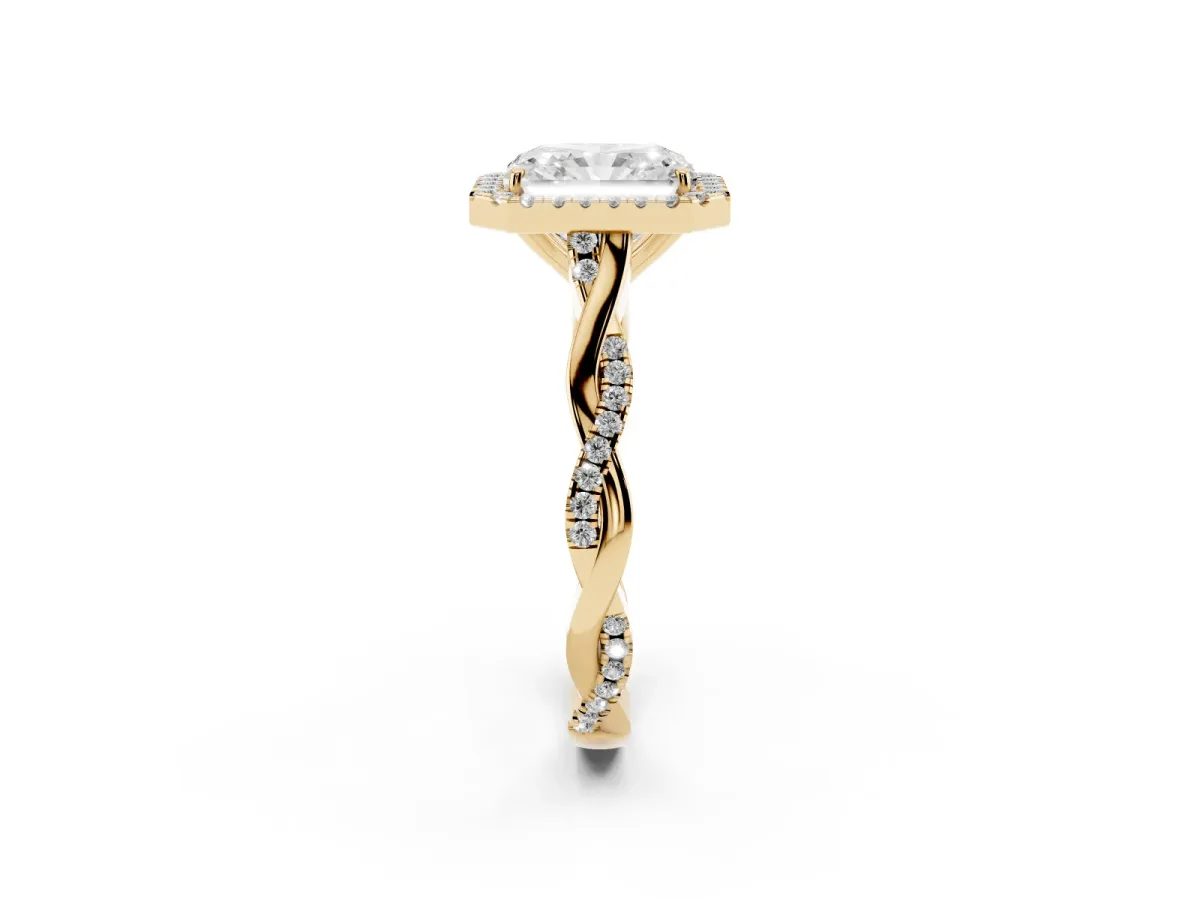 Radiant Cut Halo Twist Band Solitaire Ring Yellow gold