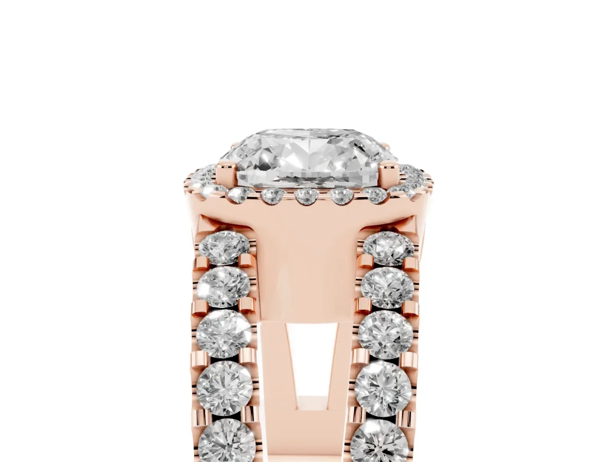 Cushion Cut Cut Halo Split Shank Diamond Ring with Four-Prong Setting Rose gold