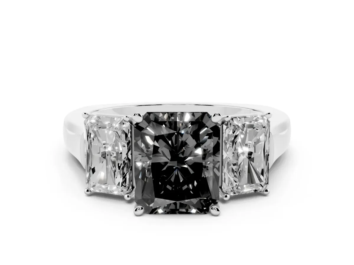 Fancy Black Three-Stone Radiant Cut Brilliant Diamond Trellis Ring with Comfort Fit Band Platinum