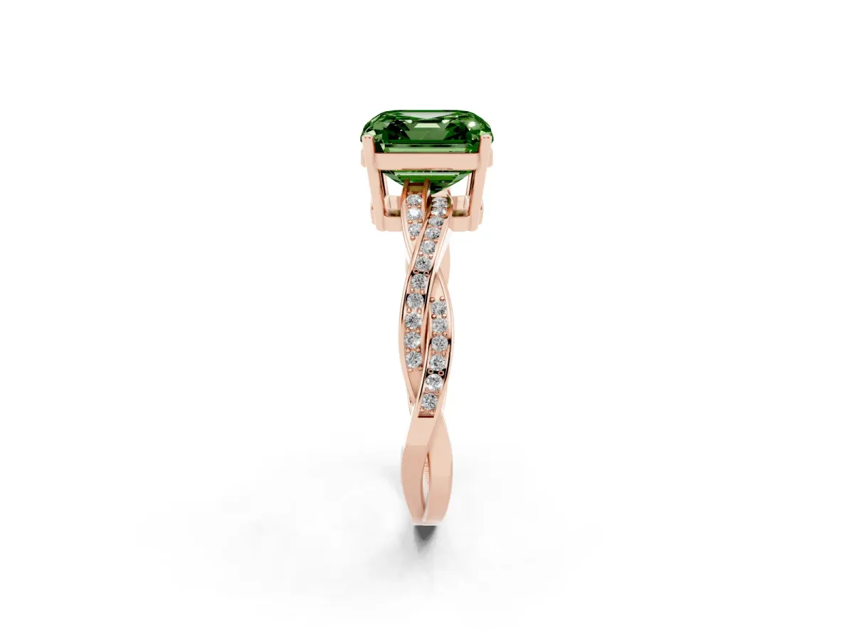 Fancy Green Asscher Cut Solitaire Twisted Pave Diamond Ring with Four-Prong Setting Rose gold