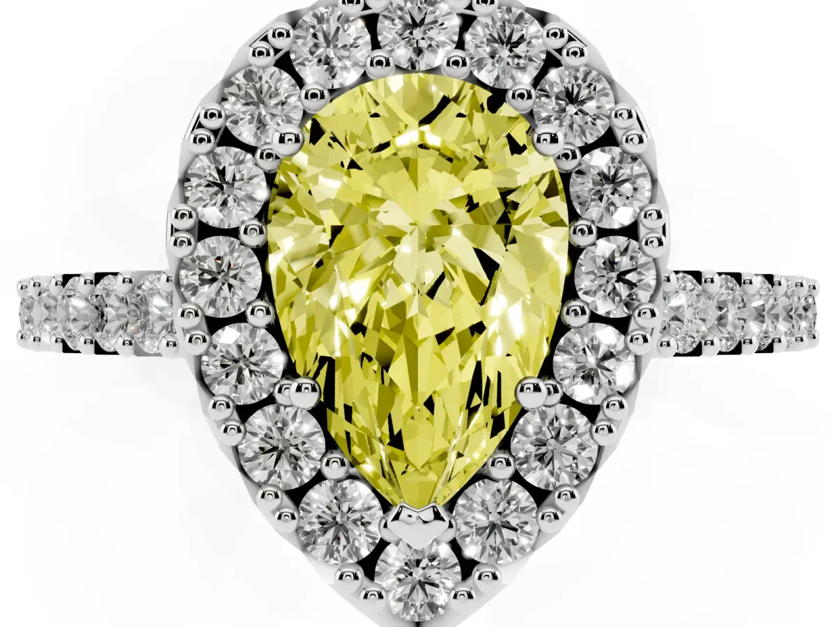 Fancy Yellow Pear Cut Halo Diamond Pavé Solitaire Ring White gold