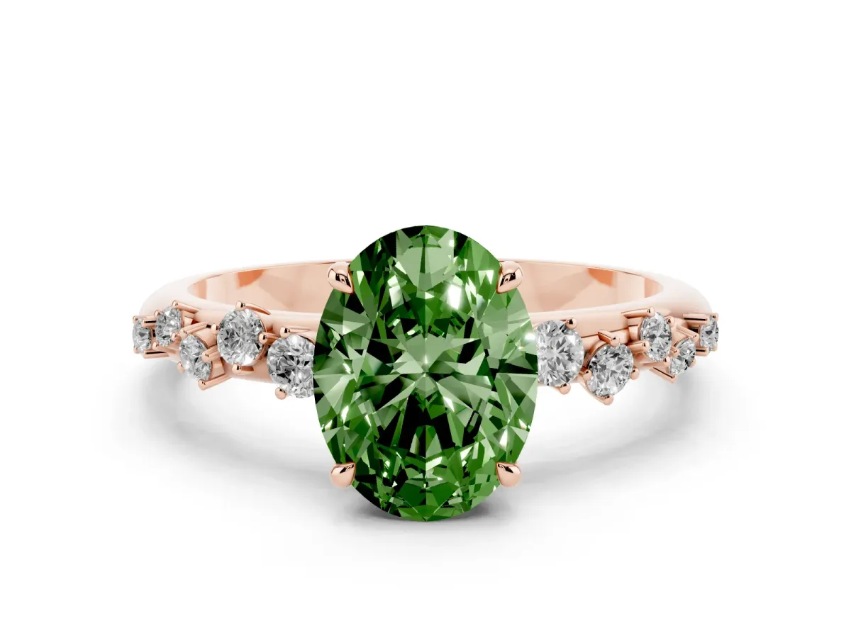 Fancy Green Oval Cut Diamond Cluster Prong-Set Solitaire Ring Rose gold