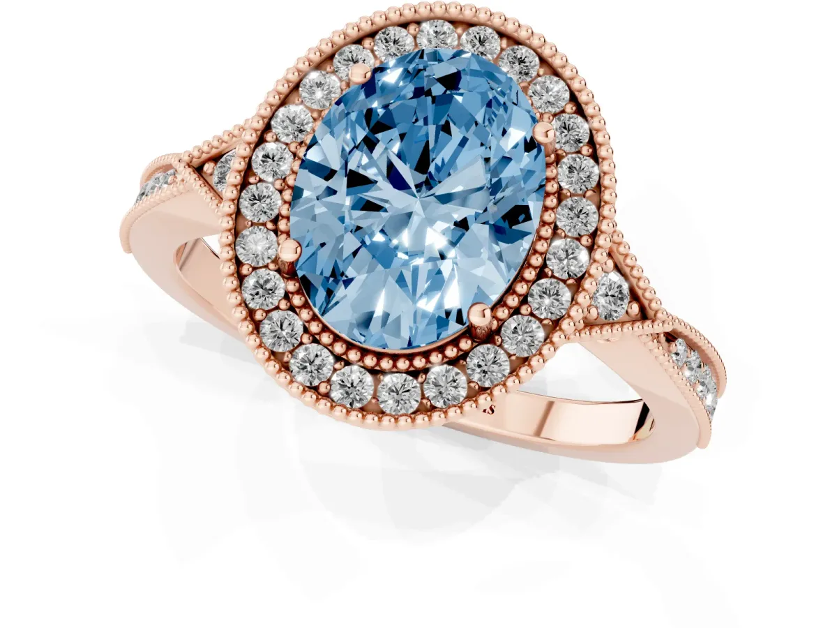 Fancy Blue Oval Cut Halo Round Diamond Milgrain Pave Engagement Ring Rose gold