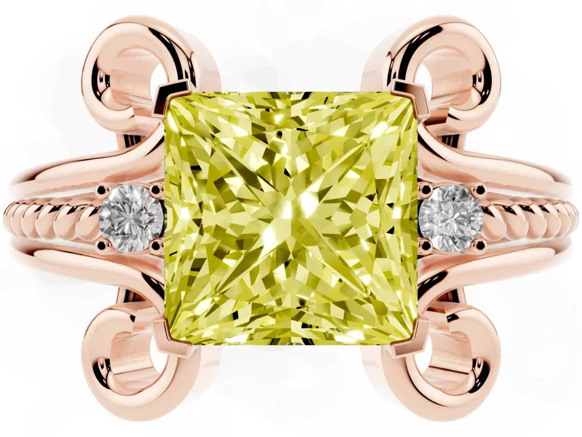 Fancy Yellow Princess Cut Solitaire Twisted Band Scroll Prong Ring Rose gold