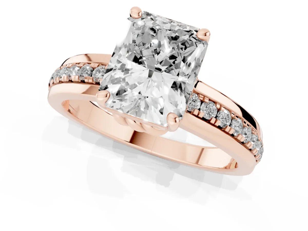 Radiant Cut Solitaire Diamond Ring with Channel Set Band and Six-Prong Setting Rose gold