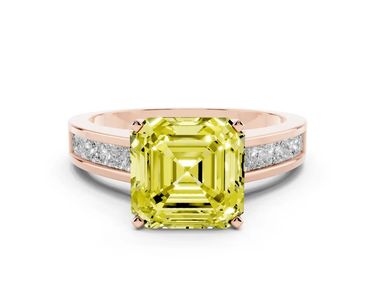 Fancy Yellow Asscher Cut Solitaire Diamond Ring with Channel-Set Band and Four-Prong Setting Rose gold