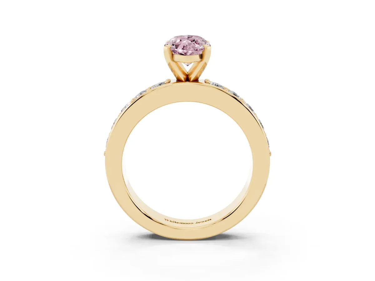 Fancy Pink Marquise Cut Diamond Engagement Ring with Channel Set Round Band and Prong Setting Yellow gold