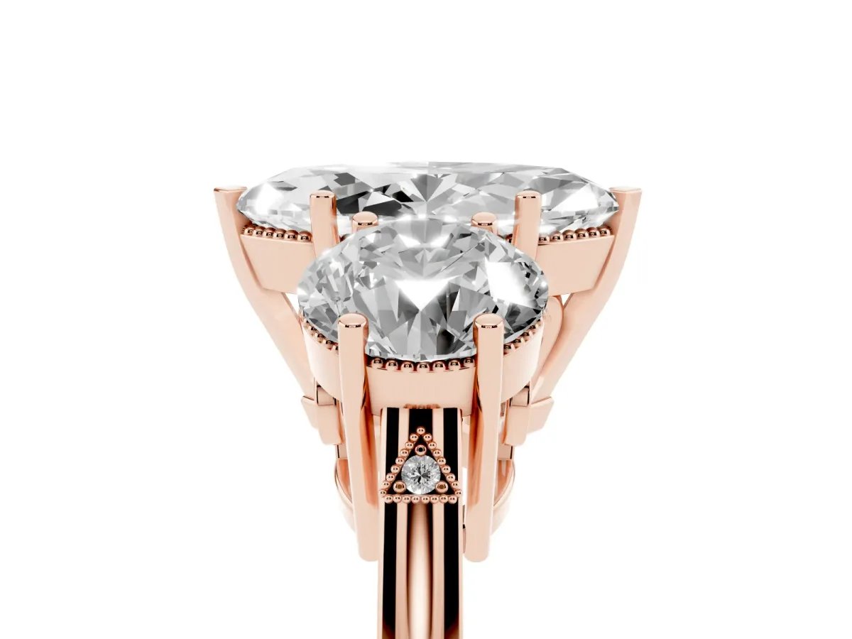 Three-Stone Marquise Cut Diamond Engagement Ring with Prong Setting on a Classic Band Rose gold