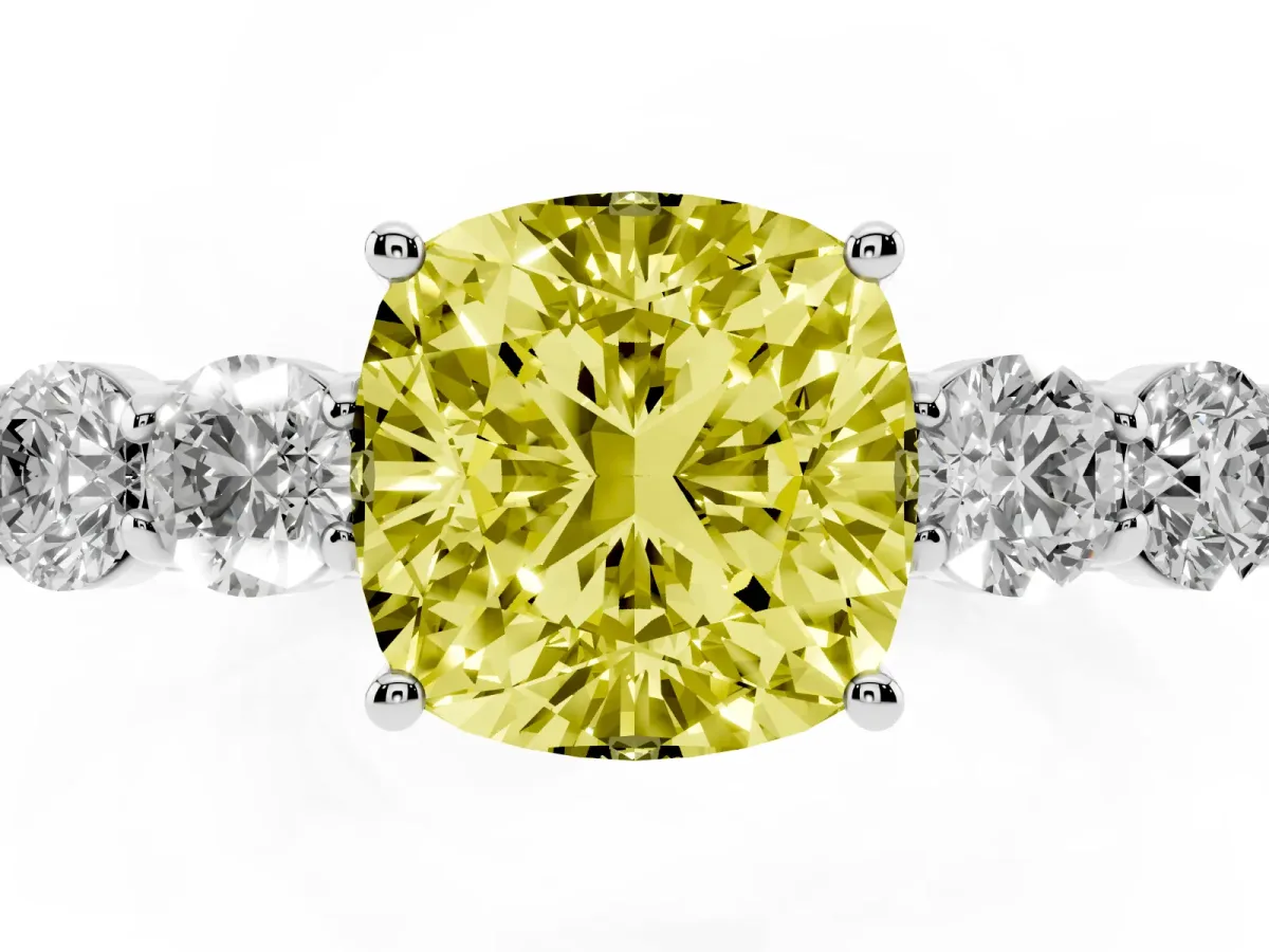 Fancy Yellow Cushion Cut Cut Diamond Five-Stone Prong Set White Gold Ring Silver