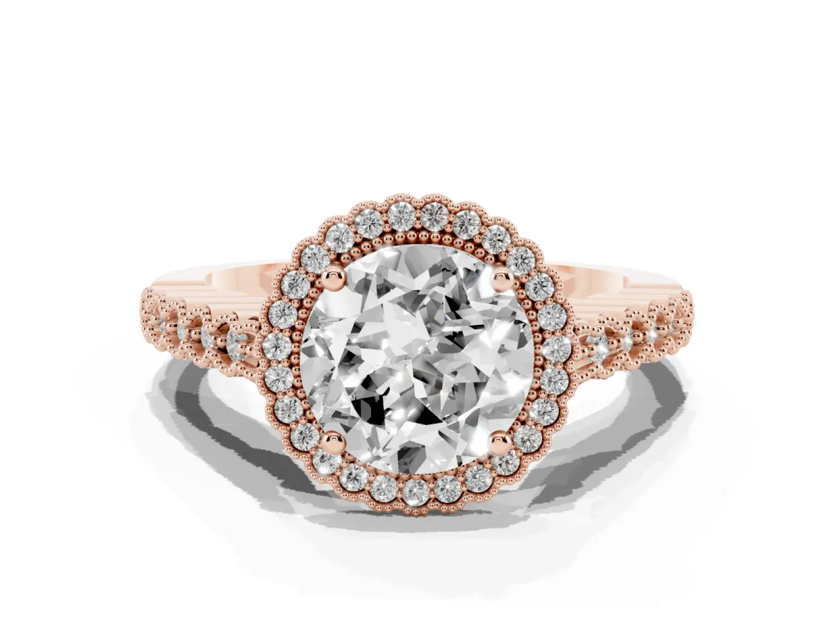 Round Cut Cut Halo Pavé Solitaire Ring with Milgrain Band Rose gold