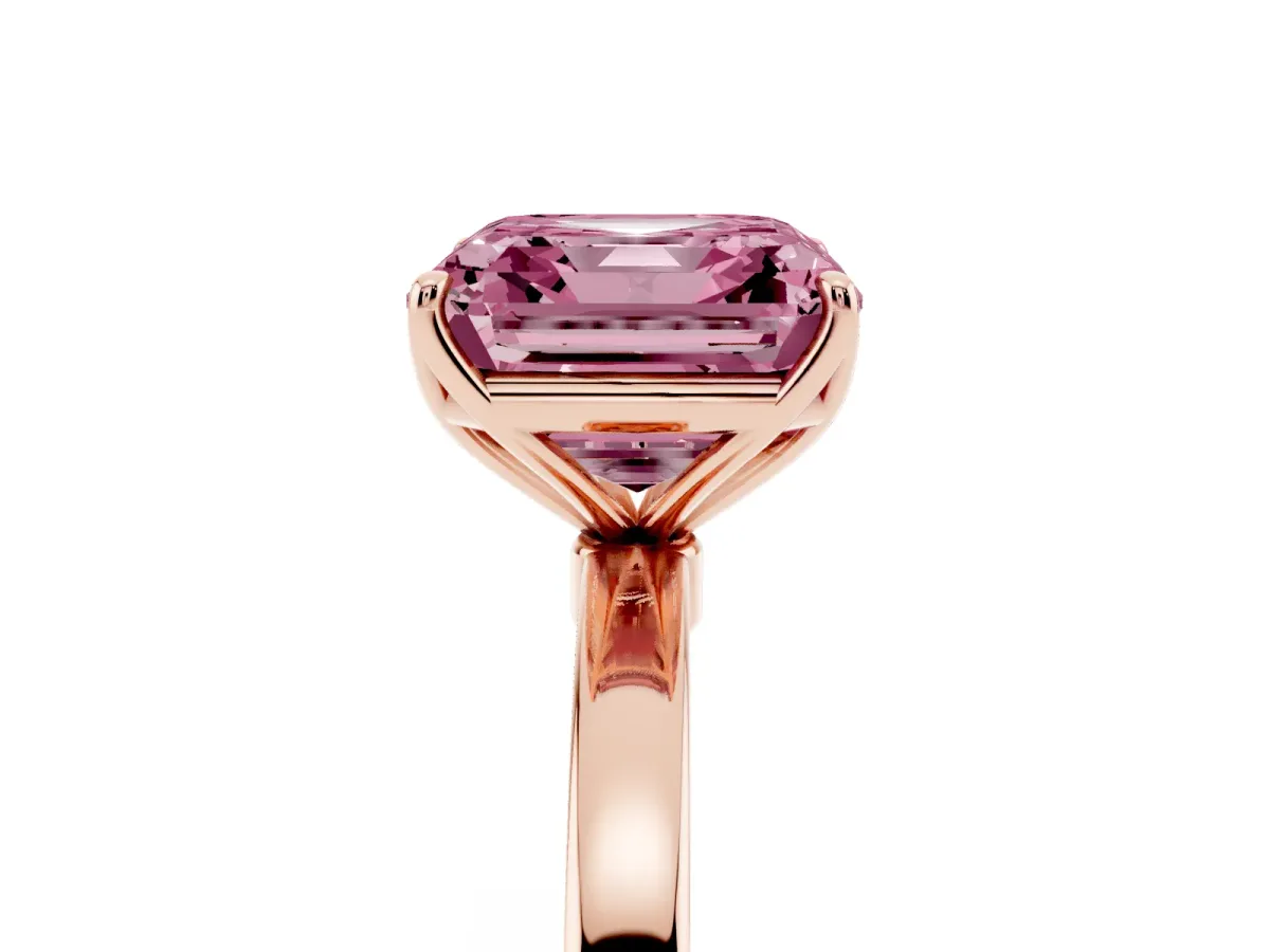 Fancy Pink Asscher Cut Diamond Solitaire Ring with Thin Band and Prong Setting Rose gold