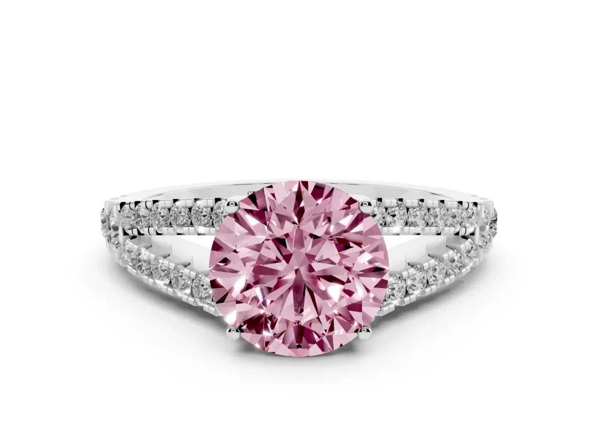 Fancy Pink Round Cut Diamond Split Shank Engagement Ring with Round Pavé and Prong Setting Silver