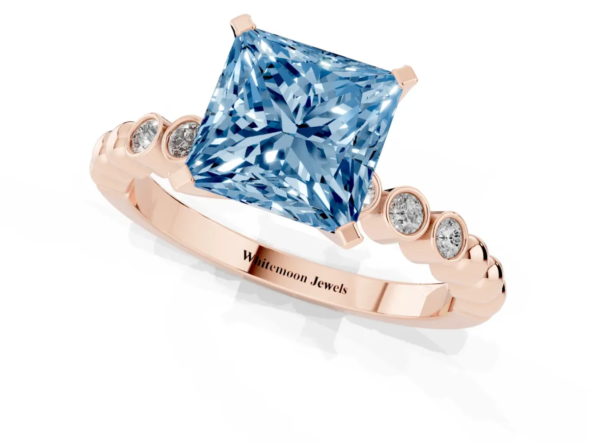 Fancy Blue Princess Cut Solitaire Bezel Accent Diamond Engagement Ring with Beaded Band and Four-Prong Setting Rose gold