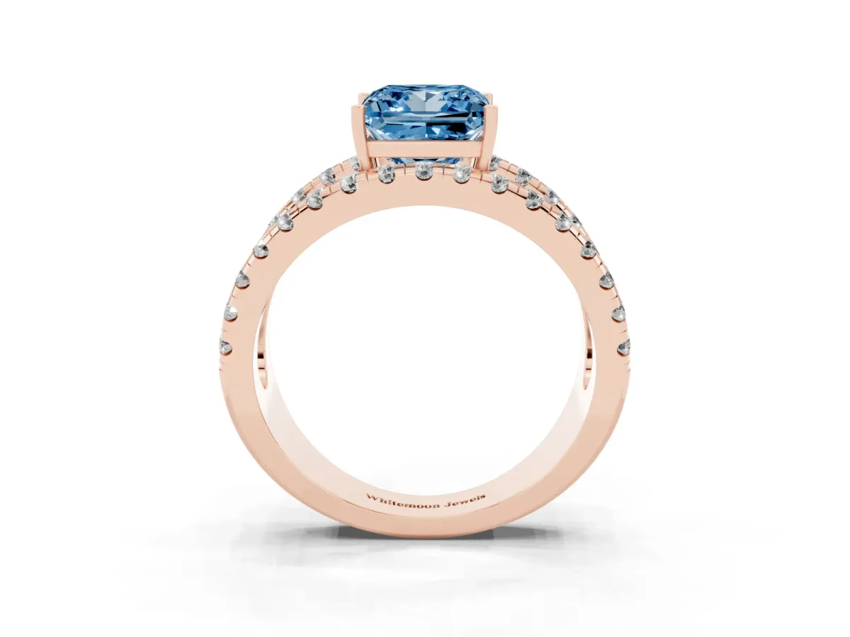 Fancy Blue Princess Cut Solitaire Split Shank Pave Diamond Ring Rose gold