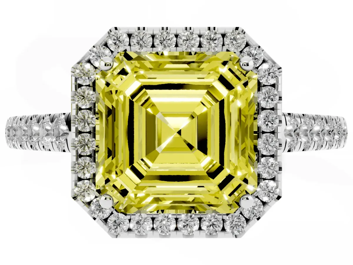Fancy Yellow Asscher Cut Halo Pave Diamond Engagement Ring with Four-Prong Setting Silver