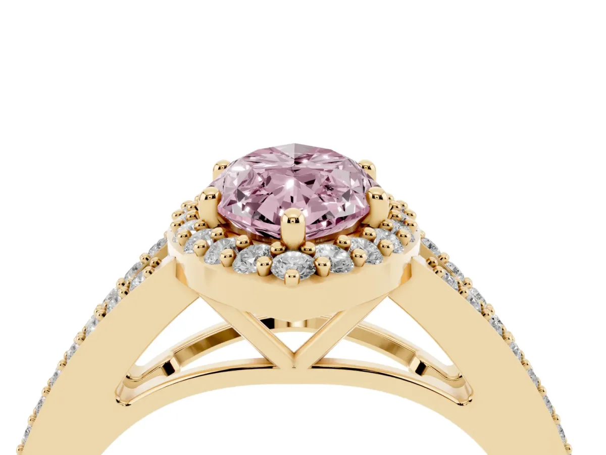Fancy Pink Marquise Cut Halo Split Shank Pave Diamond Ring with Four-Prong Setting Yellow gold