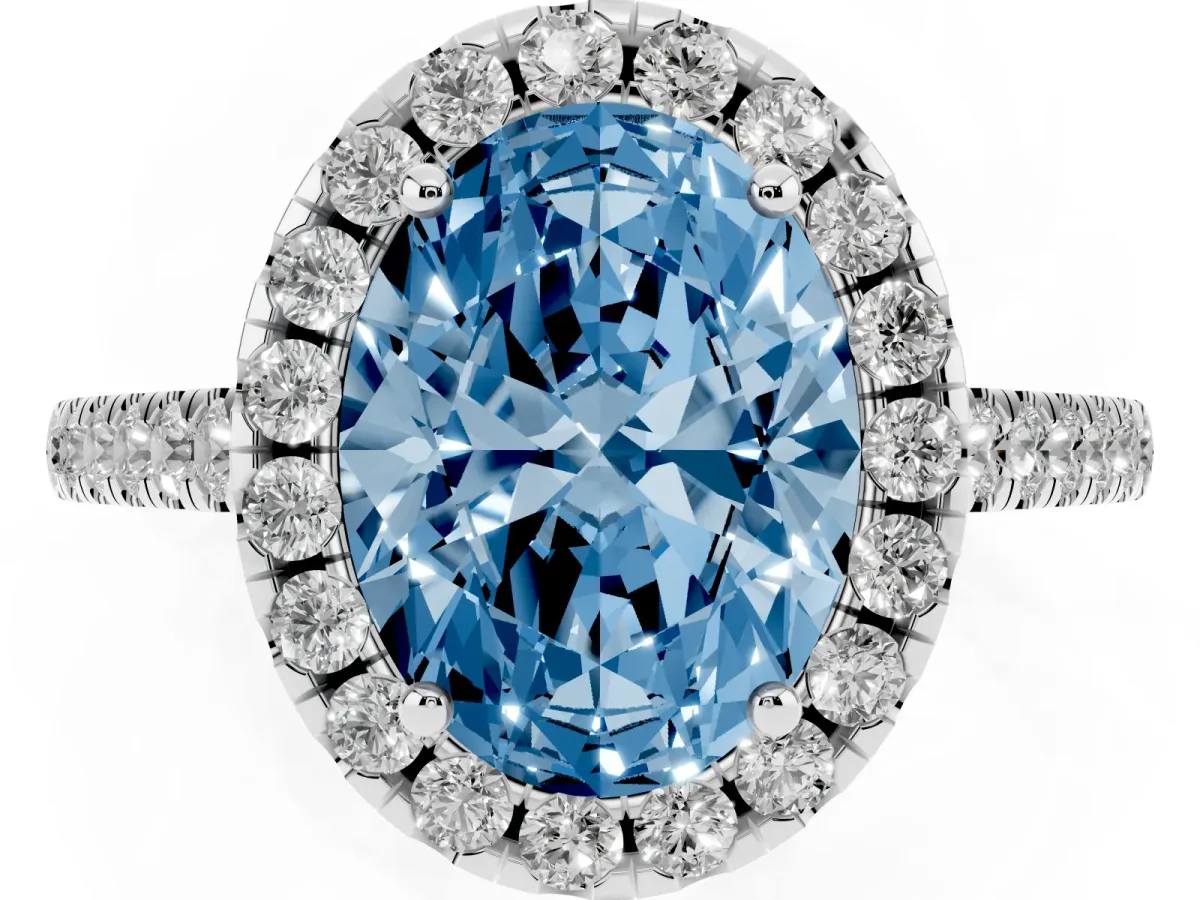 Fancy Blue Oval Cut Halo Pavé Diamond Engagement Ring with Four-Prong Setting White gold