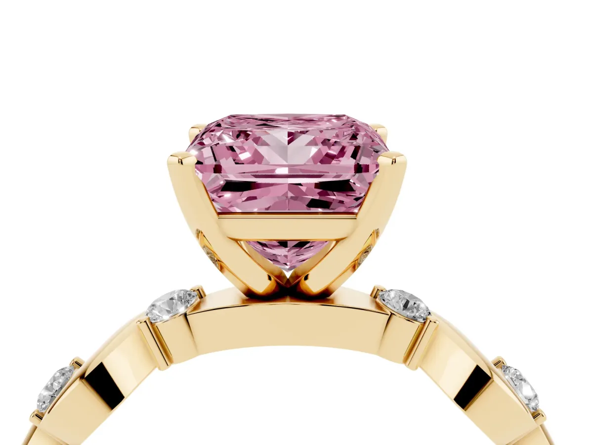Fancy Pink Princess Cut Diamond Solitaire Twisted Band with Round Accents and Prong Setting Yellow gold